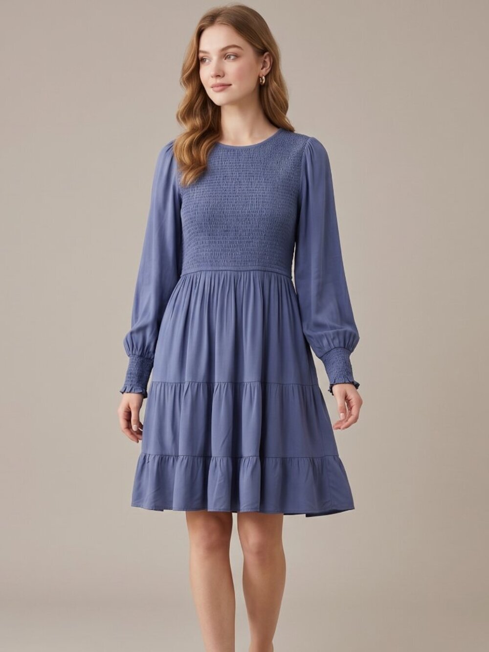 NWT Blue Long Sleeve Midi Ruffle Bottom Dress – Size Large
